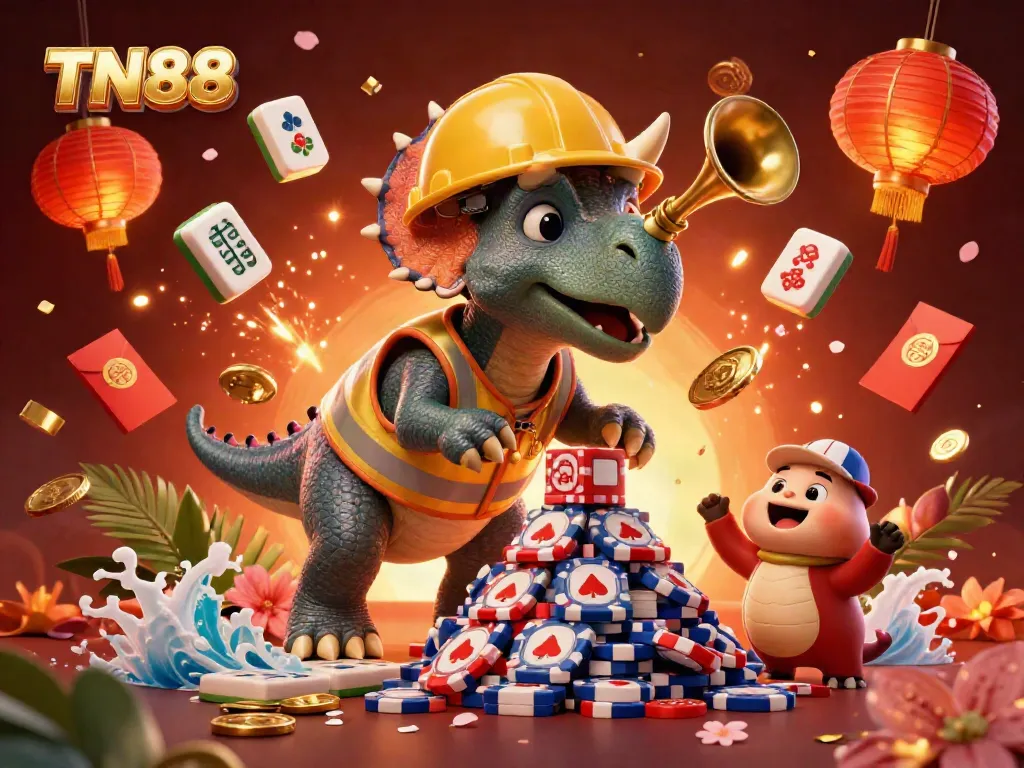 Enjoy vibrant casino action with TN88 as a triceratops builds a poker chip pyramid in celebration.