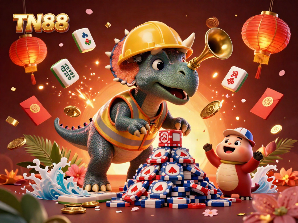 Enjoy vibrant casino action with TN88 as a triceratops builds a poker chip pyramid in celebration.