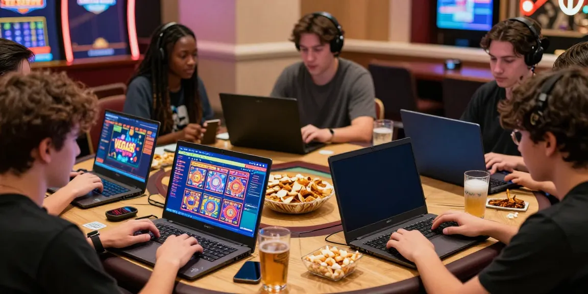Players exploring Link Alternatif Vegas88 on their devices in a lively environment.
