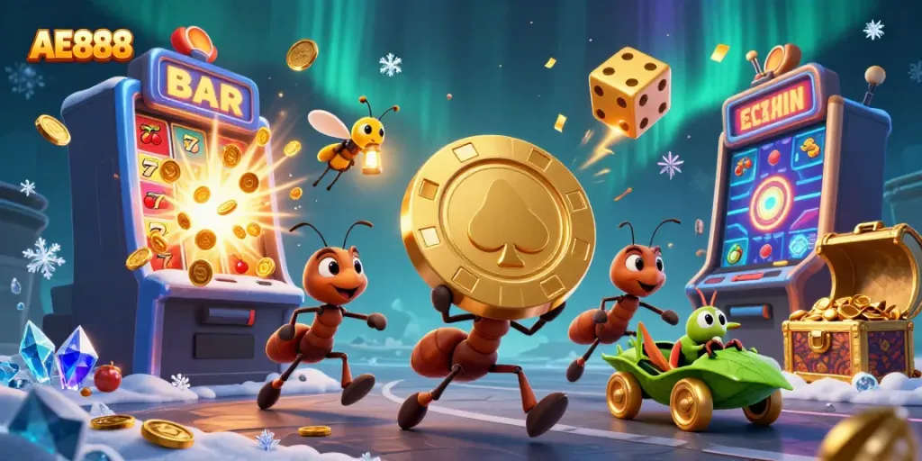 Experience the excitement of AE888 as ants execute a heist with golden poker chips amidst slot machines and vibrant casino elements.