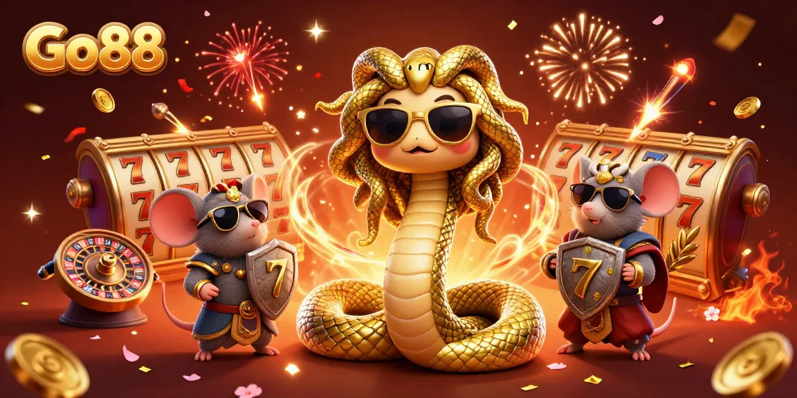 Go88 slot scene featuring Medusa and a warrior mouse surrounded by dynamic casino elements.
