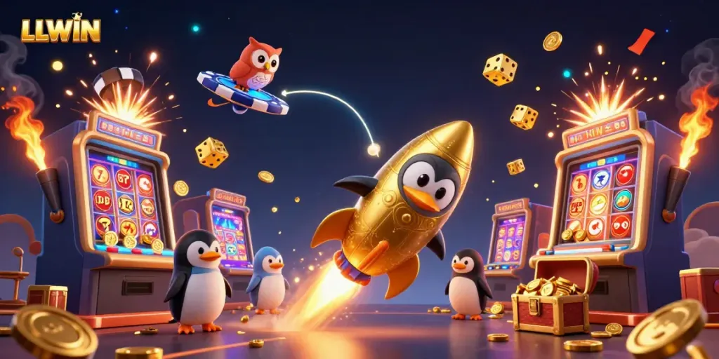 Experience the thrill of LLWIN with a rocket-powered penguin amidst colorful casino elements.