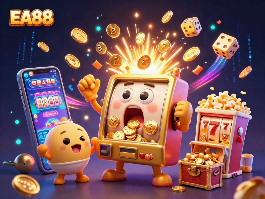 Win big with EA88 as a cartoon slot machine hits a jackpot surrounded by cheering characters.
