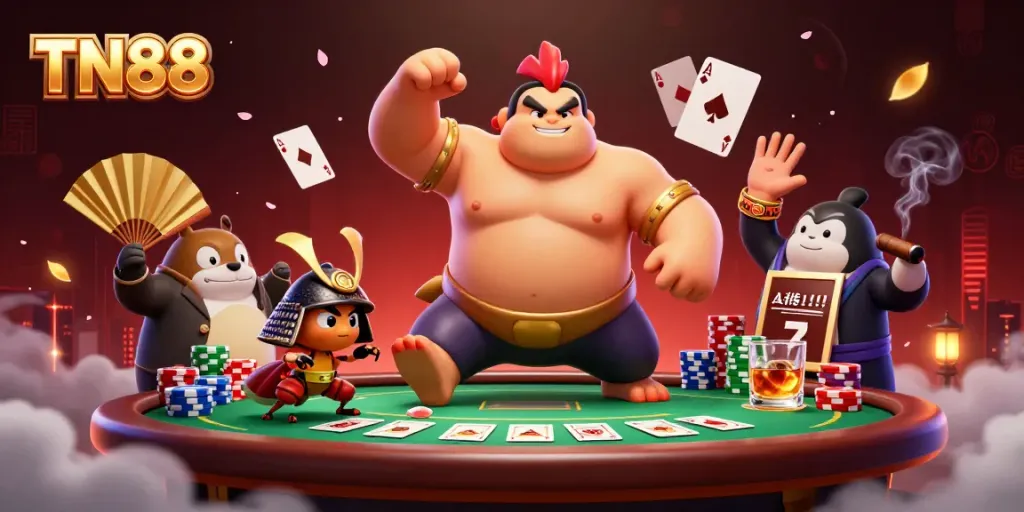 Experience thrilling action with TN88's vibrant 3D casino scene featuring sumo and poker elements.