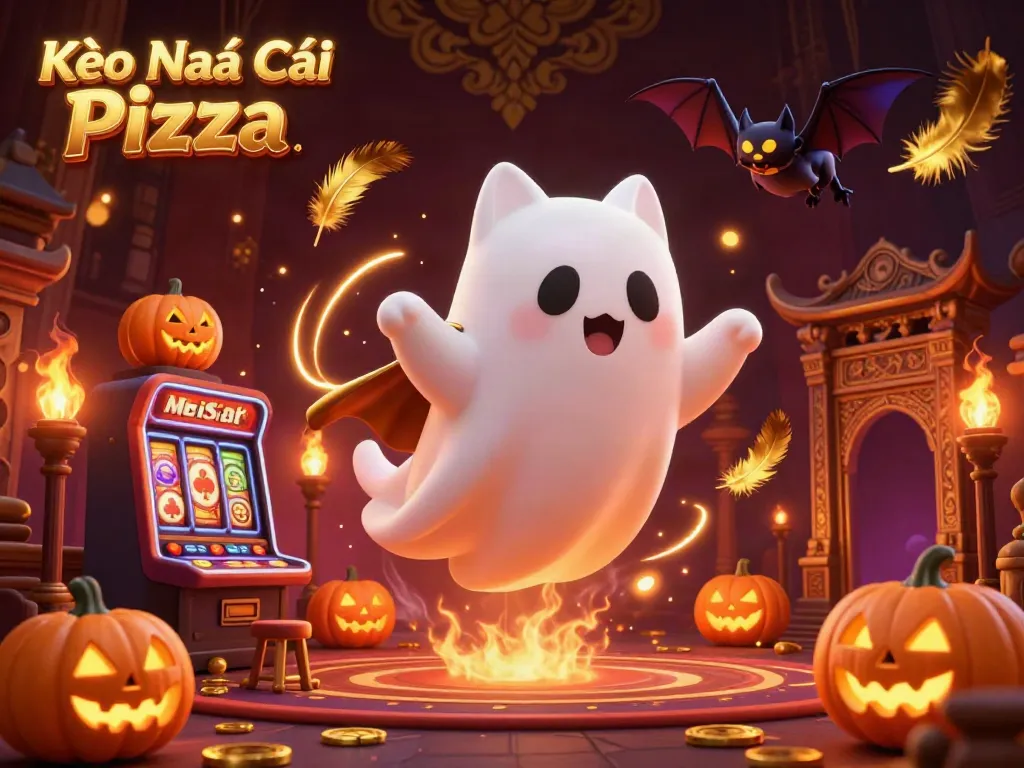 Engage with Kèo Nhà Cái Pizza through this vibrant haunted casino scene featuring a ghost cat and vampire bat.