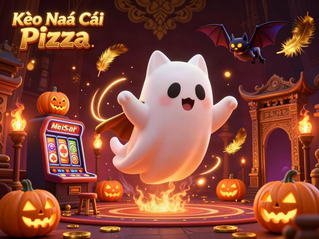 Engage with Kèo Nhà Cái Pizza through this vibrant haunted casino scene featuring a ghost cat and vampire bat.