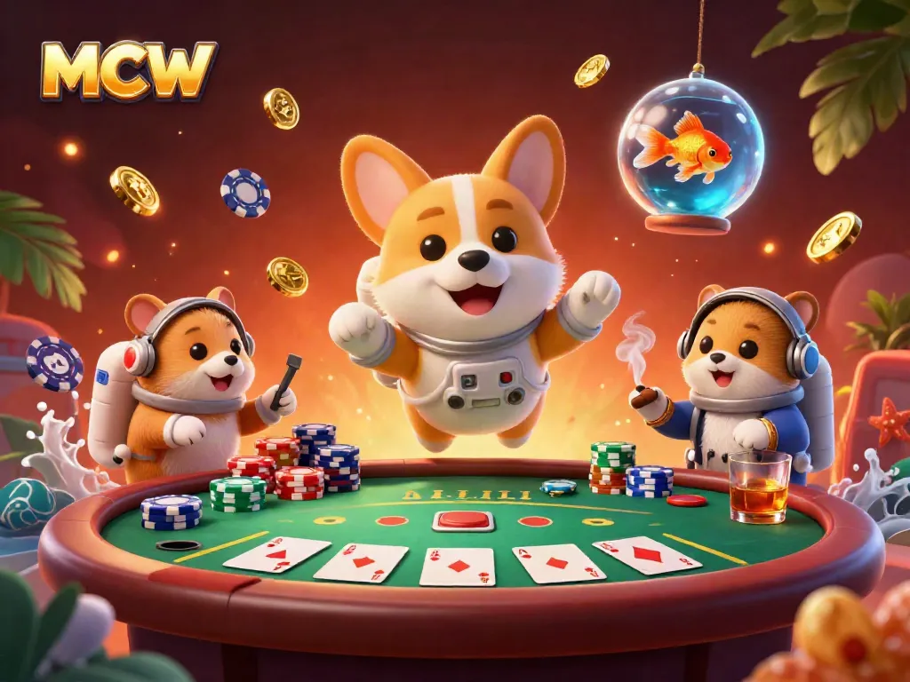 Experience the thrill of MCW gaming with floating casino characters and vibrant poker elements in a space setting.