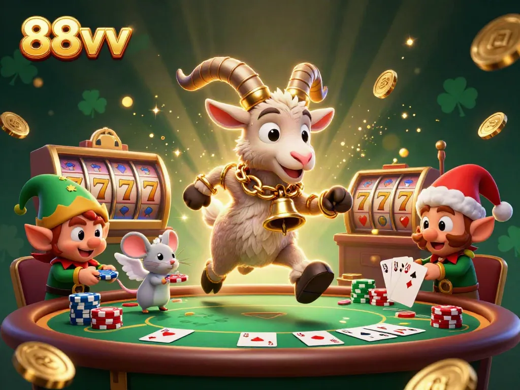 Engage with the thrilling atmosphere of 88vv casino, featuring whimsical characters at play in a holiday-themed scene.
