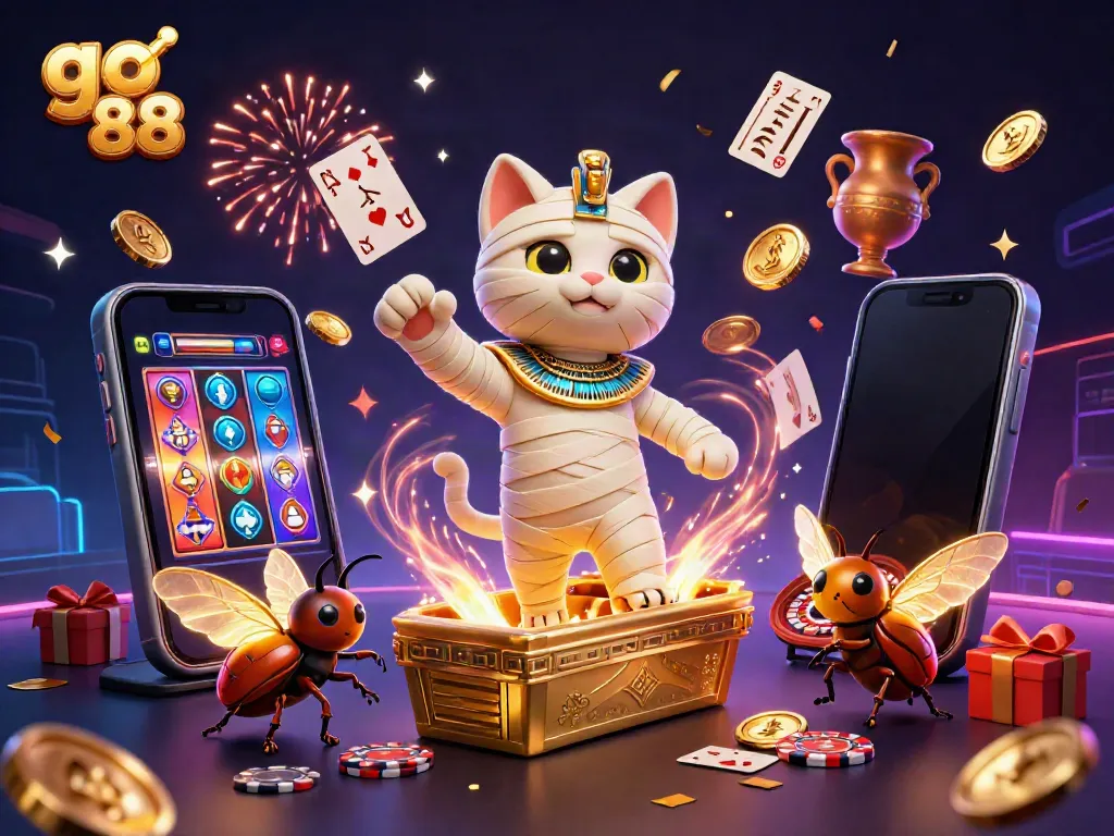 Engaging go 88 scene with a mummy cat, glowing scarab, and casino elements in a vibrant pyramid setting.