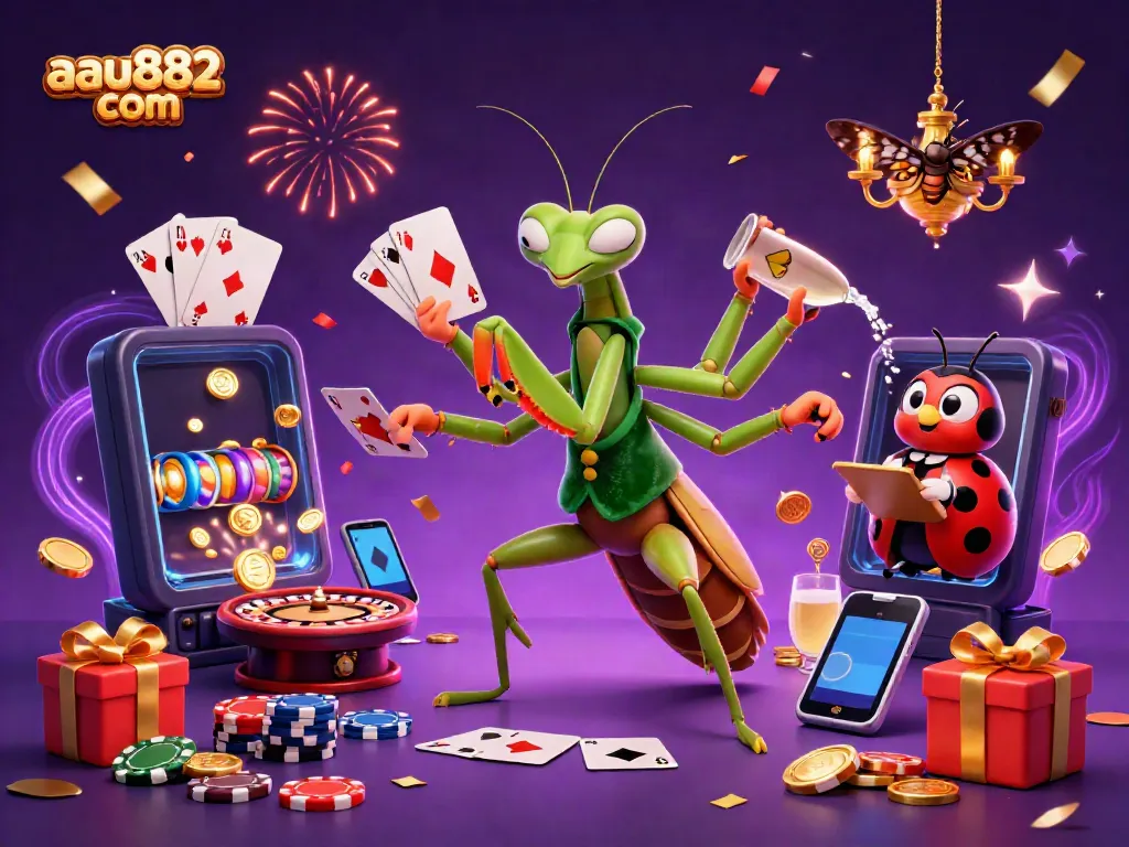 Experience the excitement of aau882 com with vibrant casino-themed characters amidst colorful games and sparkling gold coins.