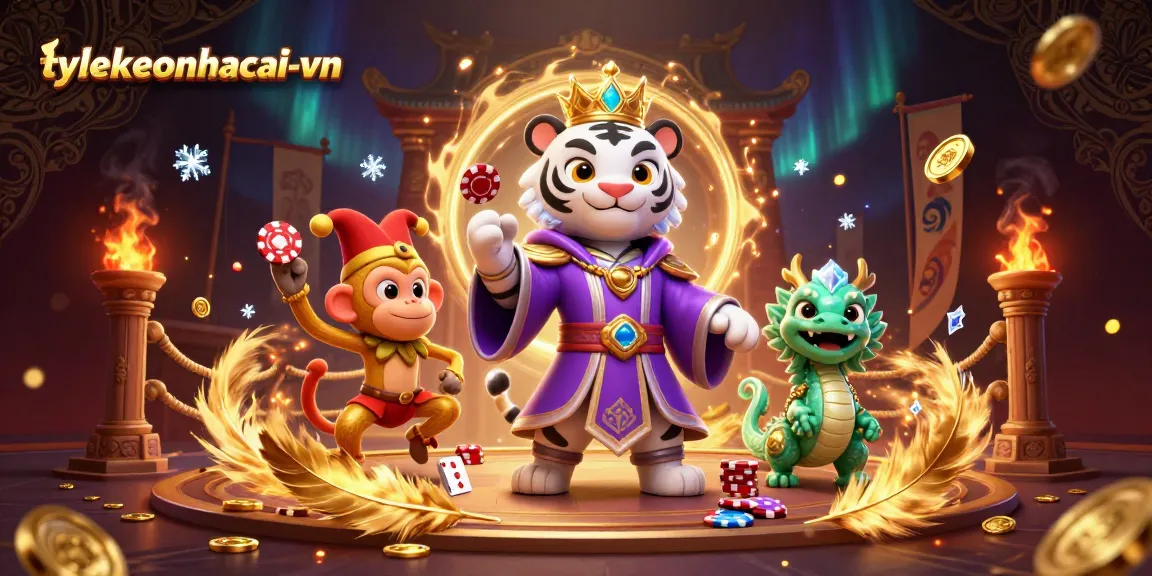 Engaging scene of tylekeonhacai-vn showcasing playful 3D characters in a dynamic casino setting.