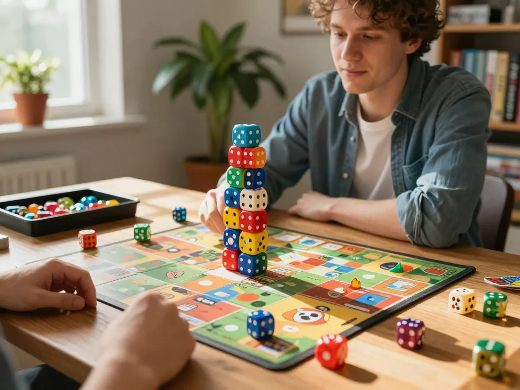 Master dice stacking skills showcased at dicestack.net with vibrant tabletop gaming scene.