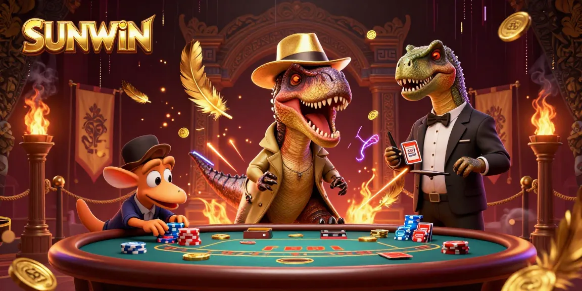 Enjoy thrilling gaming action at SUNWIN, featuring a velociraptor and stegosaurus in a blackjack showdown.
