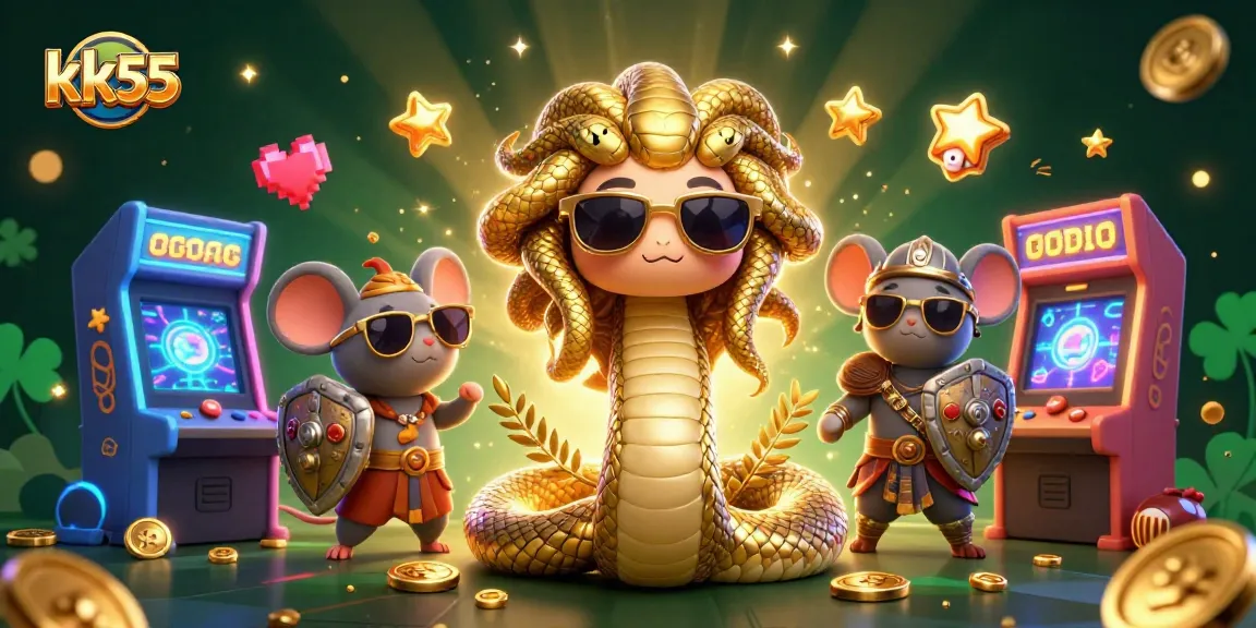 Engage in winning at kk55 with a vibrant casino-themed 3D illustration filled with game elements.