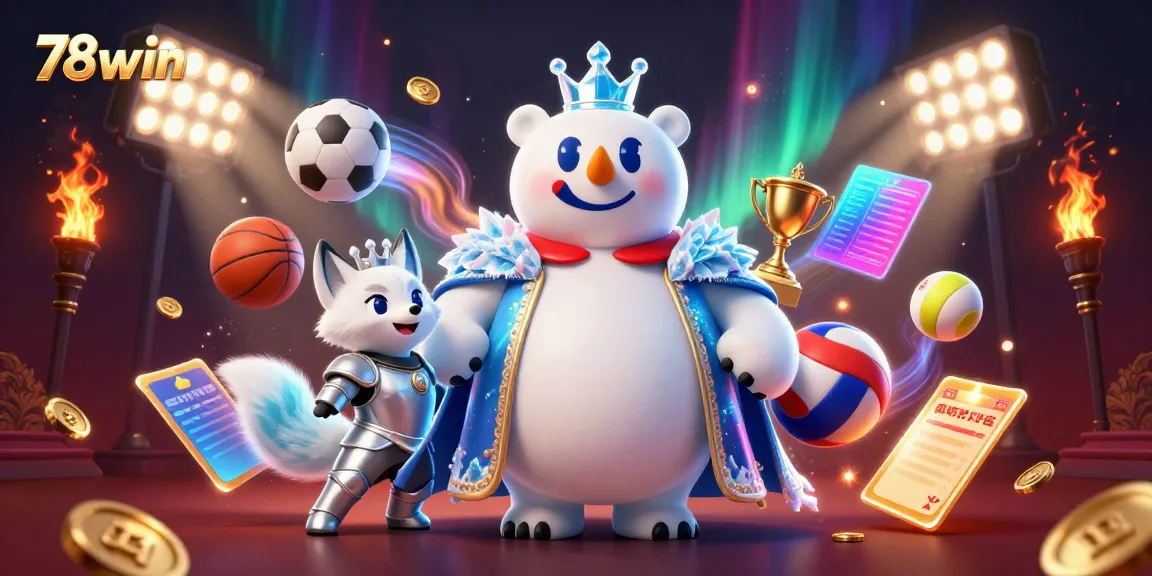 78win showcases an interactive gaming experience featuring a polar bear king and a snow fox amidst a dynamic casino atmosphere.