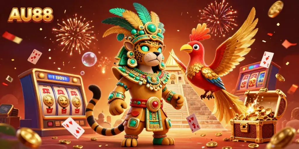 Experience the excitement of AU88 with a vibrant 3D casino scene featuring immersive jackpot elements and dazzling characters.