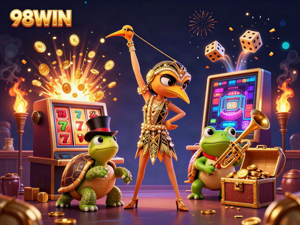Engage with the vibrant 98WIN casino scene showcasing characters and dynamic game elements for players.
