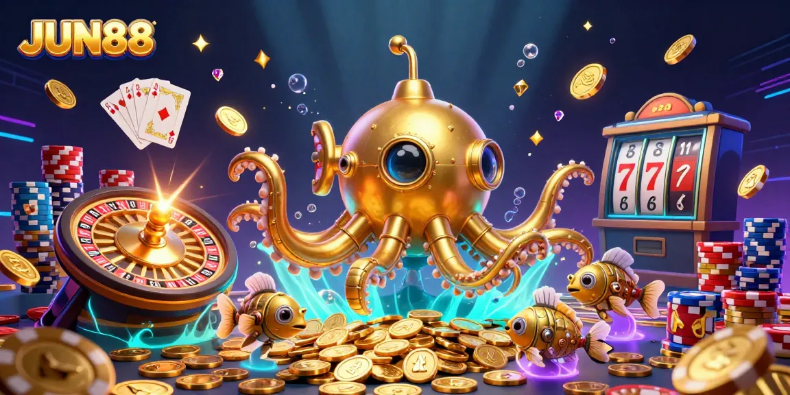 Experience JUN88 excitement with a golden kraken submarine amidst falling coins and vibrant gaming elements.