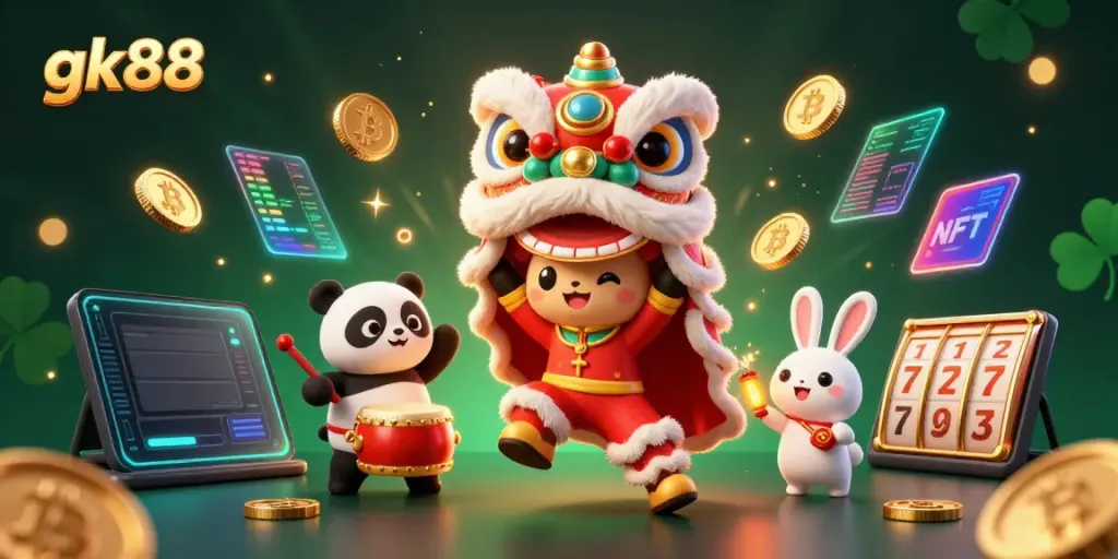 Engage with gk88 amidst vibrant casino elements and lively characters celebrating the year of the tiger.