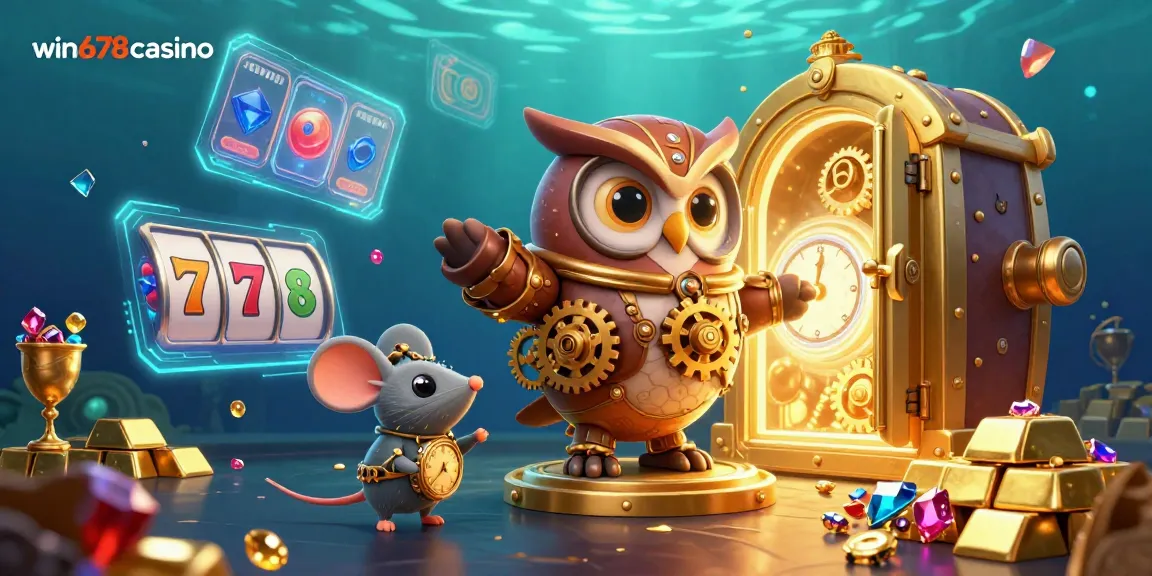 Experience the exciting world of win678casino with a vibrant steampunk casino scene featuring an owl and dynamic treasures.