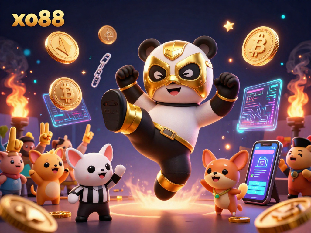 Experience the excitement of xo88 with a cartoon wrestler panda in action alongside crypto elements in a casino setting.