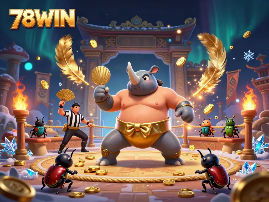 Experience the thrill of 78WIN with a dynamic scene of a beetle sumo champion amidst flying coins and vibrant casino elements.
