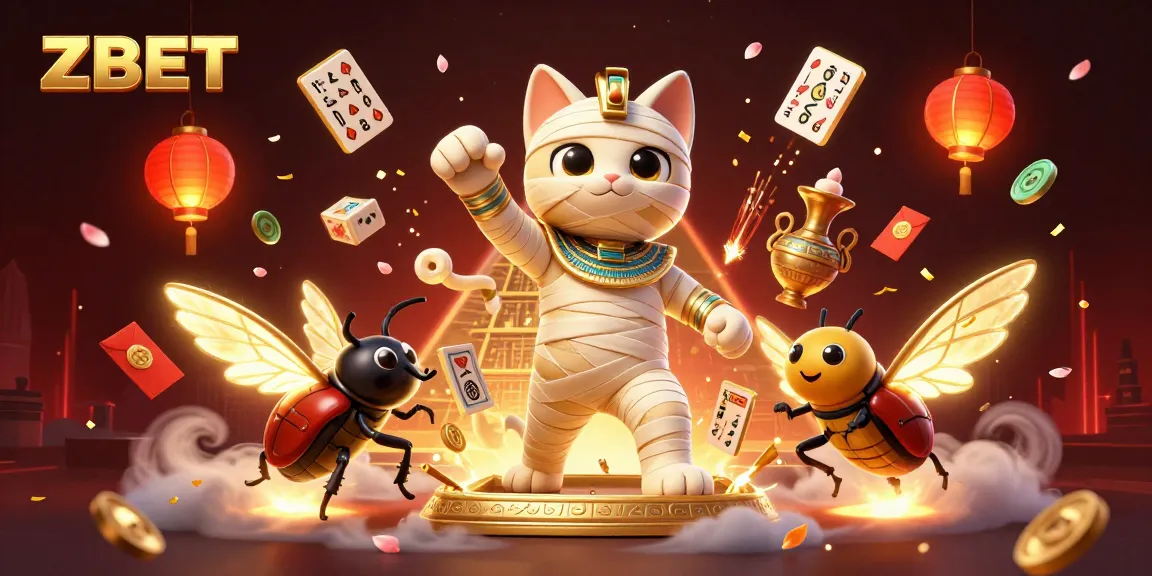 ZBET platform visualizes an Egyptian mummy cat and a scarab beetle in a vibrant casino scene