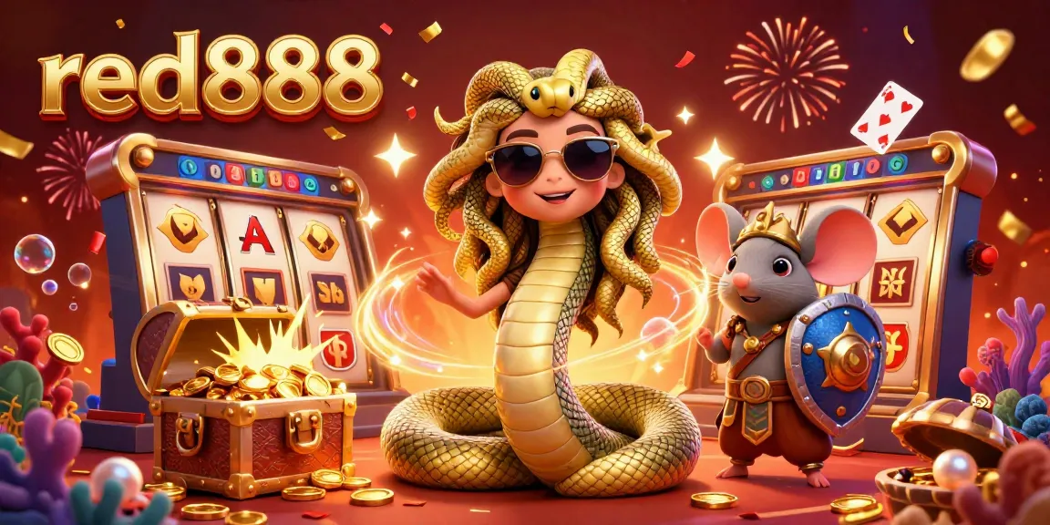 Win big at red888 with this vibrant 3D casino illustration showcasing Medusa and a warrior mouse.