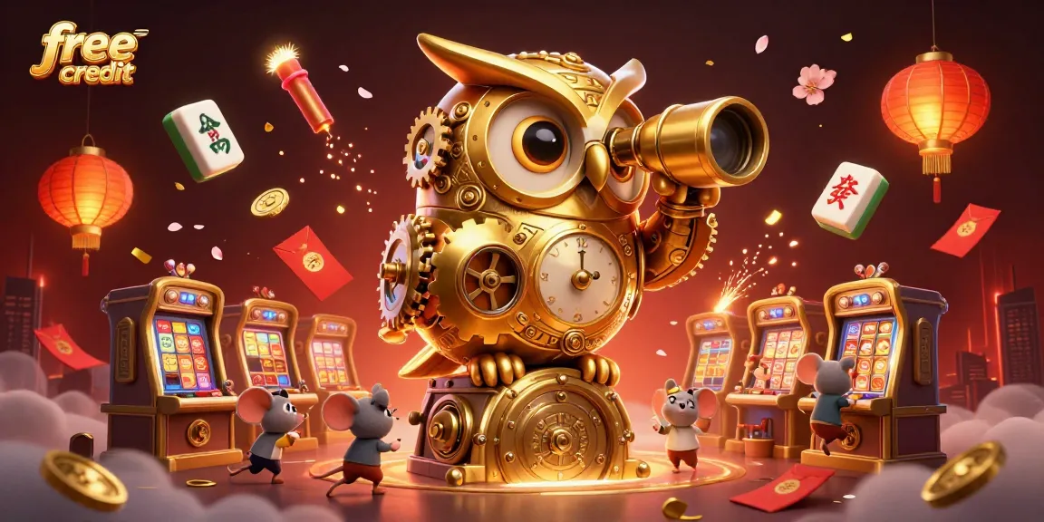 Experience free credit game bonuses with a golden owl overseeing a vibrant casino floor.