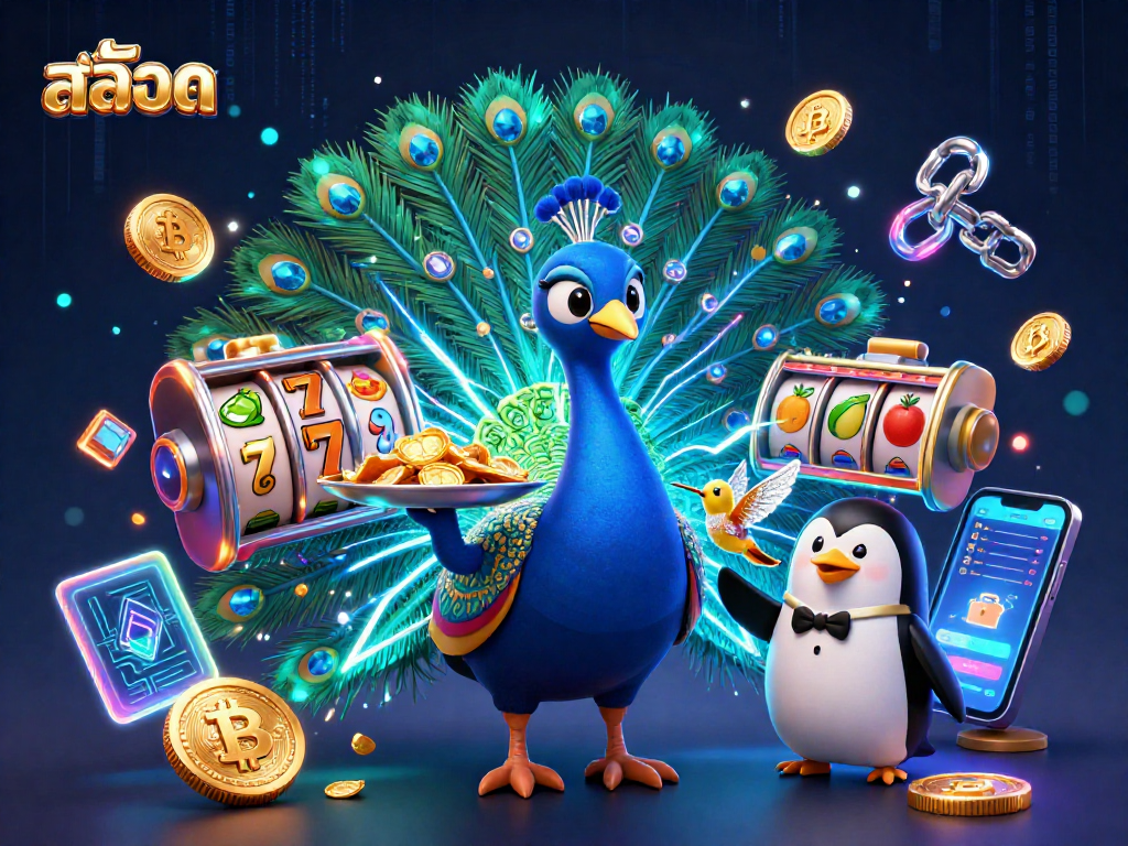 Play สล็อต with vibrant characters, gold chips, and thrilling gaming elements in an exciting casino scene.