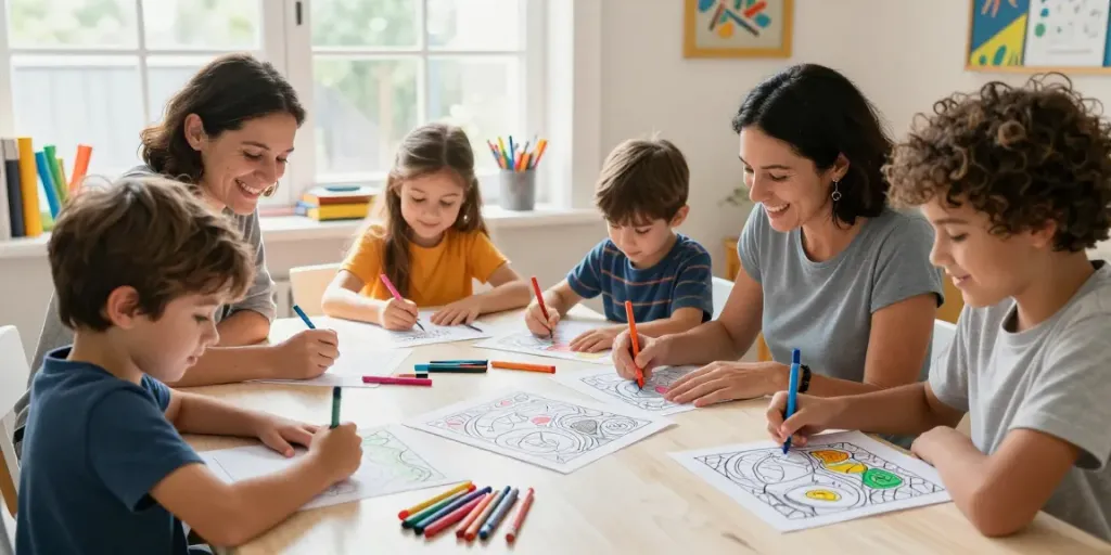 Family enjoying creative time with coloring sheets from freecoloringsheets.net, surrounded by vibrant art supplies.