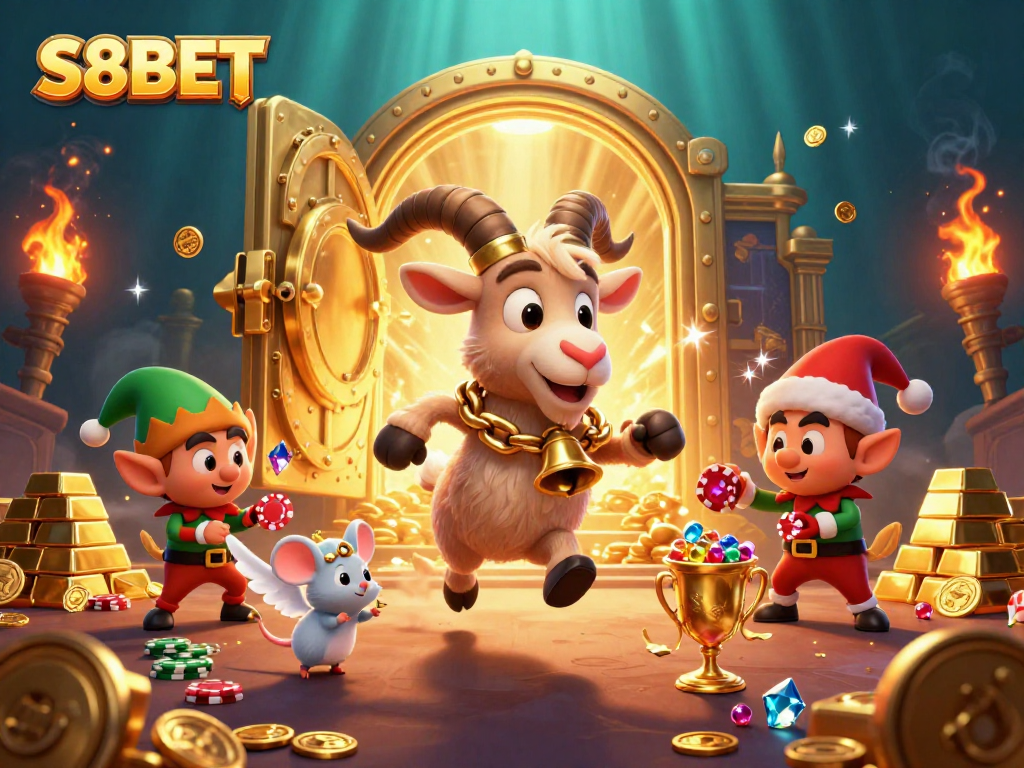 S8BET players enjoy festive casino fun with Krampus goat and elf gremlins stealing poker chips.