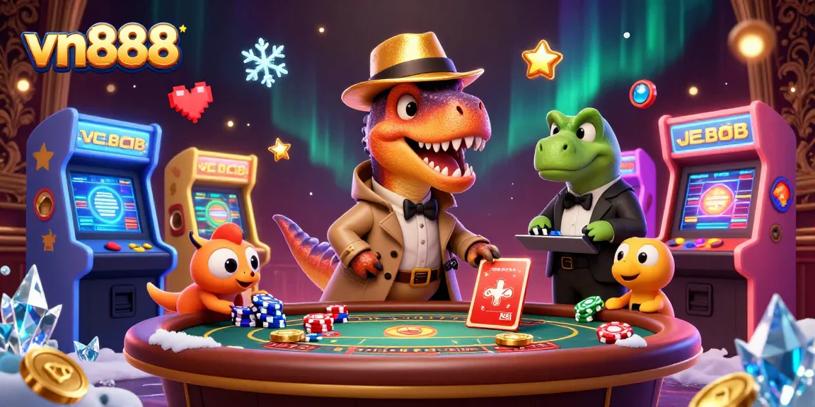 Experience thrilling games at vn888, featuring a velociraptor card counter and vibrant casino elements.