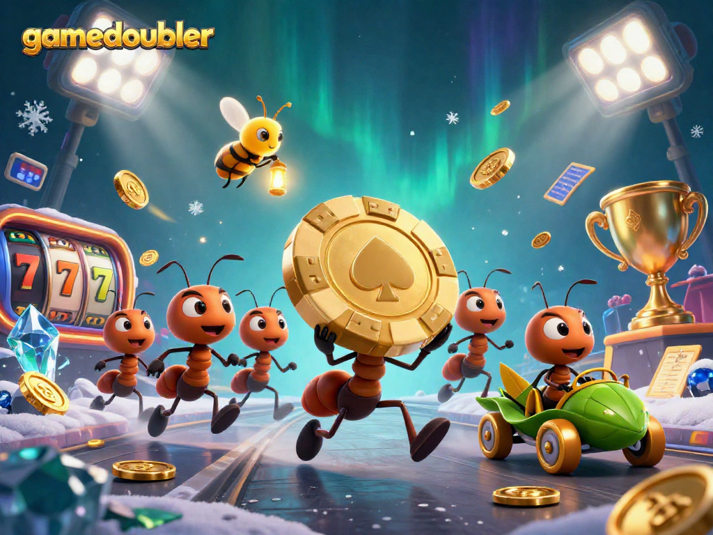 Engage with gamedoubler's thrilling heist scene featuring cartoon ants and vibrant slot visuals.