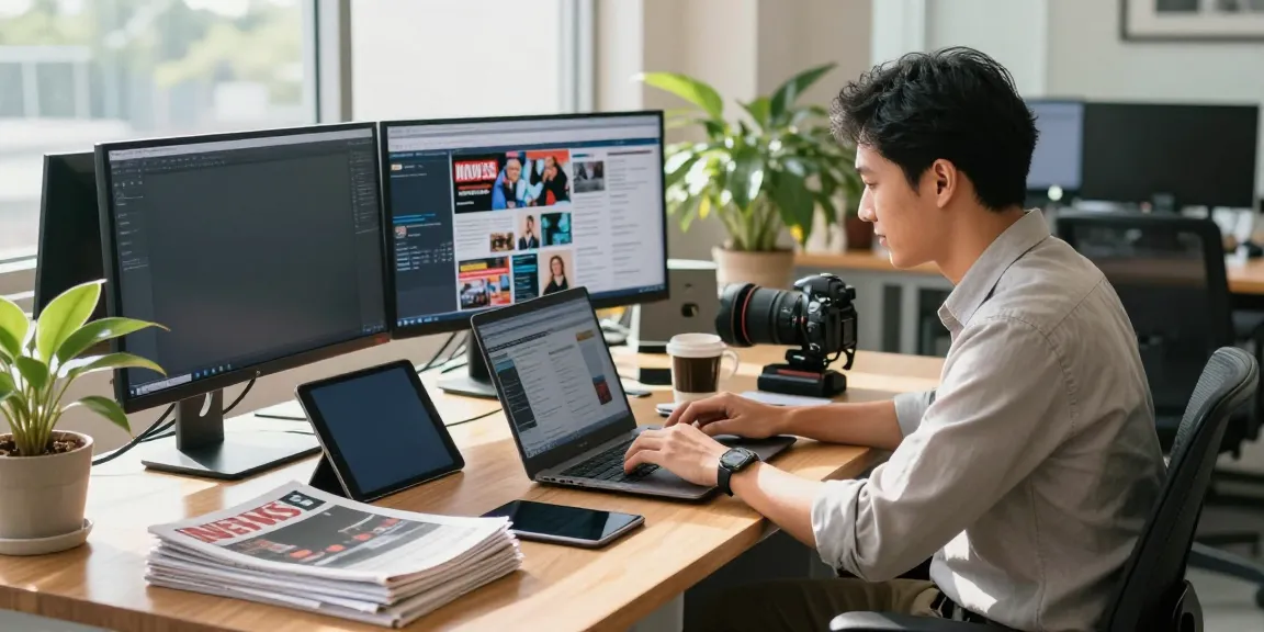 Journalist at the office of elligilgal.com reporting news updates in a bright, modern newsroom.
