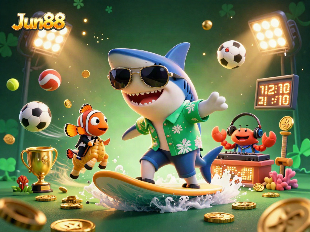 Engage in thrilling gameplay with Jun88, featuring vibrant characters amidst a wave of coins.