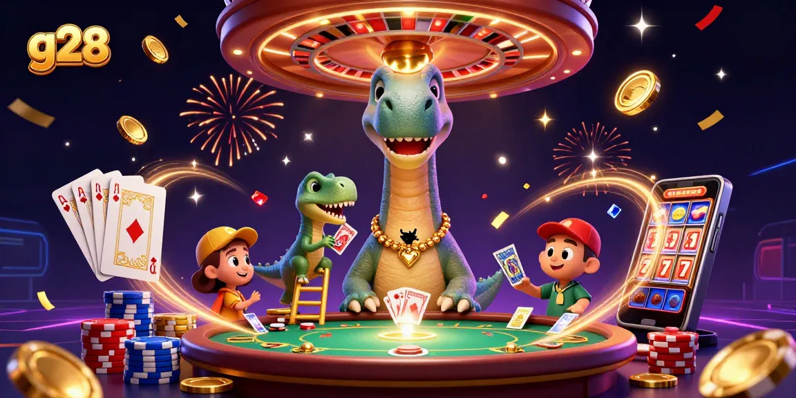 g28 casino illustration shows a giant brontosaurus and clever raptor dealing cards with vibrant casino elements