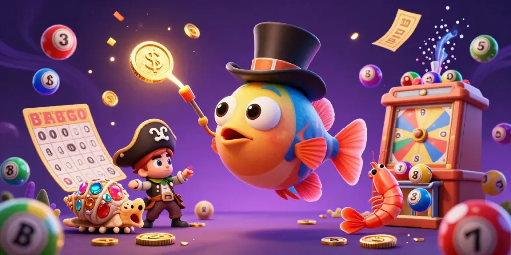Engage with LUCKYWIN in a vibrant 3D scene featuring dynamic gambling elements and cartoon characters.