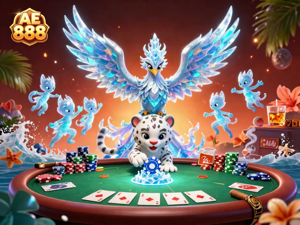 Engage in winning poker gameplay with AE 888, featuring an ice phoenix and vibrant casino elements.