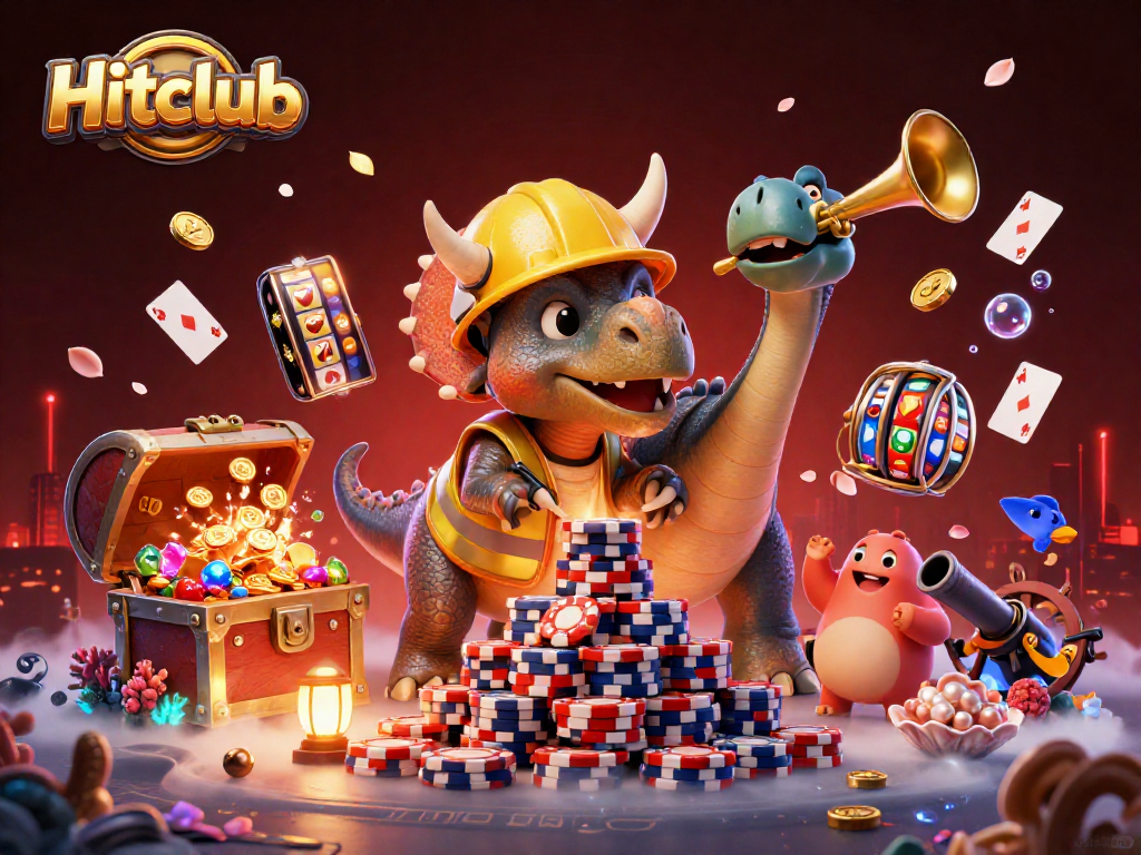 Hitclub showcases a vibrant casino scene with characters and slot reels in a celebratory atmosphere.