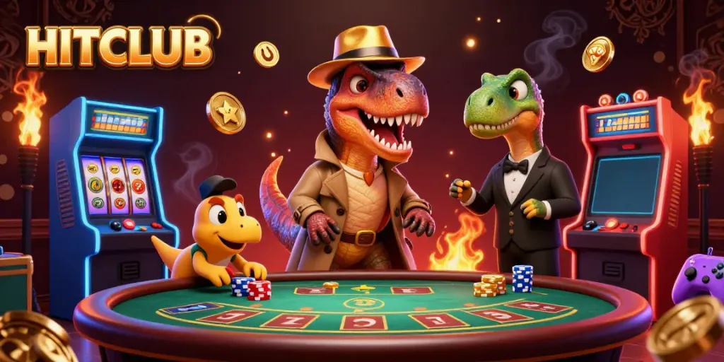 HITCLUB cartoon velociraptor playing blackjack with casino elements around, showcasing colorful games and excitement.