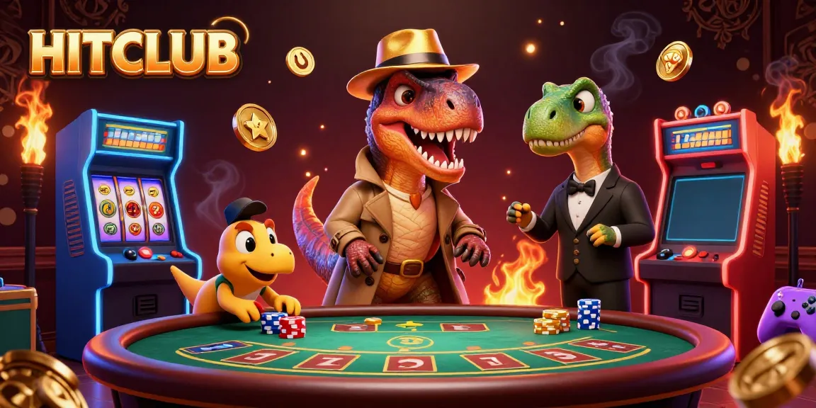 HITCLUB cartoon velociraptor playing blackjack with casino elements around, showcasing colorful games and excitement.