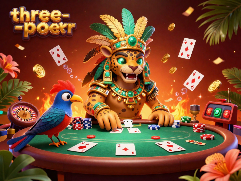 Experience three-card-poker excitement with a vibrant 3D casino scene featuring detailed characters and dynamic game elements.