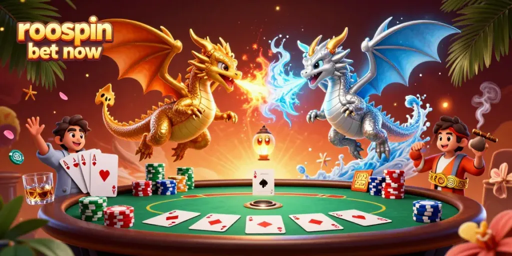 Join the adventure with roospin bet now as dragons fly over a vibrant poker scene filled with chips and cards.