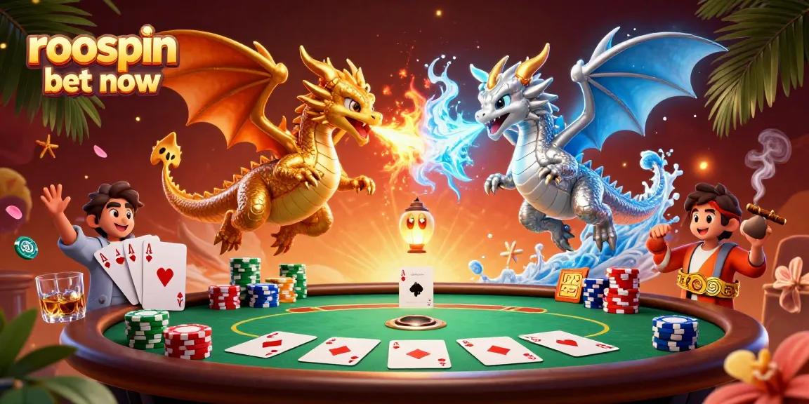 Join the adventure with roospin bet now as dragons fly over a vibrant poker scene filled with chips and cards.