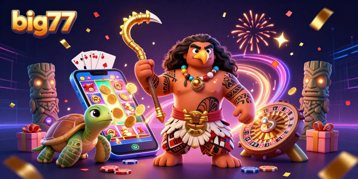 Spin the reels on big777 with vibrant slot games, glowing tiki statues, and energetic casino elements.