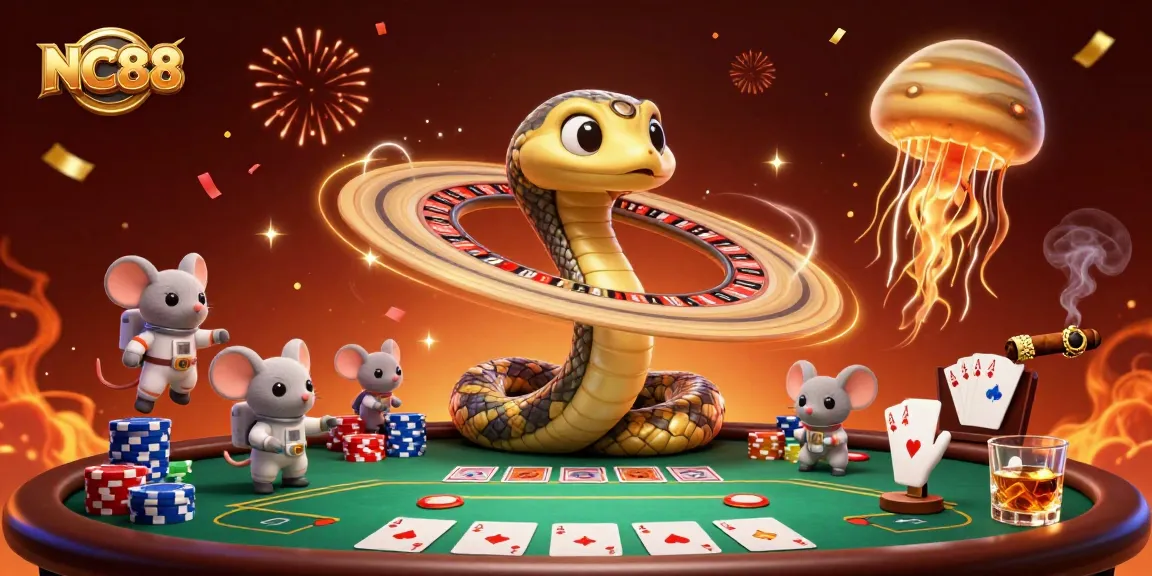 Engage with NC88's vibrant casino scene featuring playful astronaut mice betting on a roulette-style Saturn ring.
