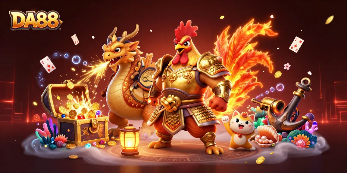 DA88 players enjoy an engaging scene with a golden rooster warrior, dragon hatchling, and vibrant treasure-filled coral reef.
