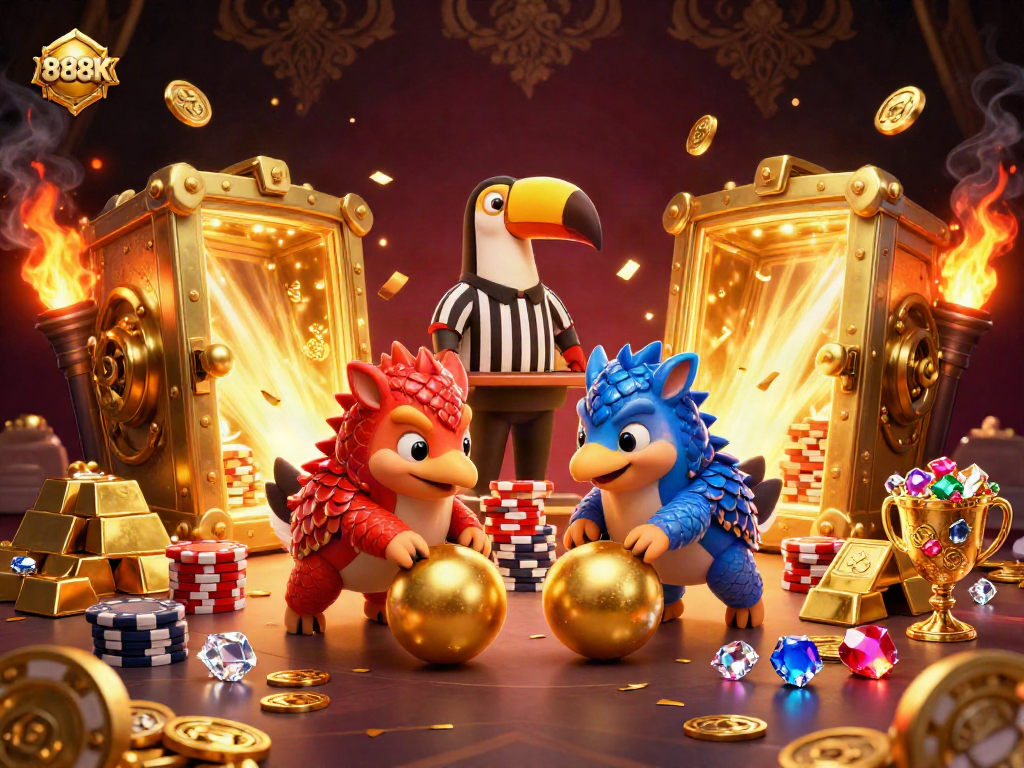 Engage with the vibrant 888K casino scene featuring rival pangolins and colorful poker chips.