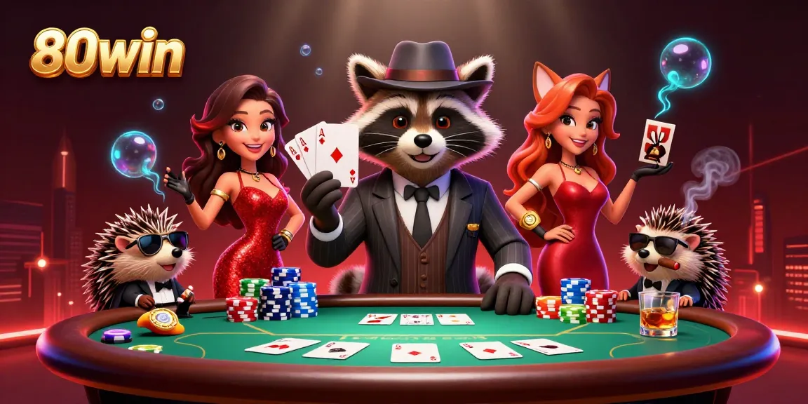 Win big at 80win with this vibrant illustration showcasing poker excitement and lively characters.